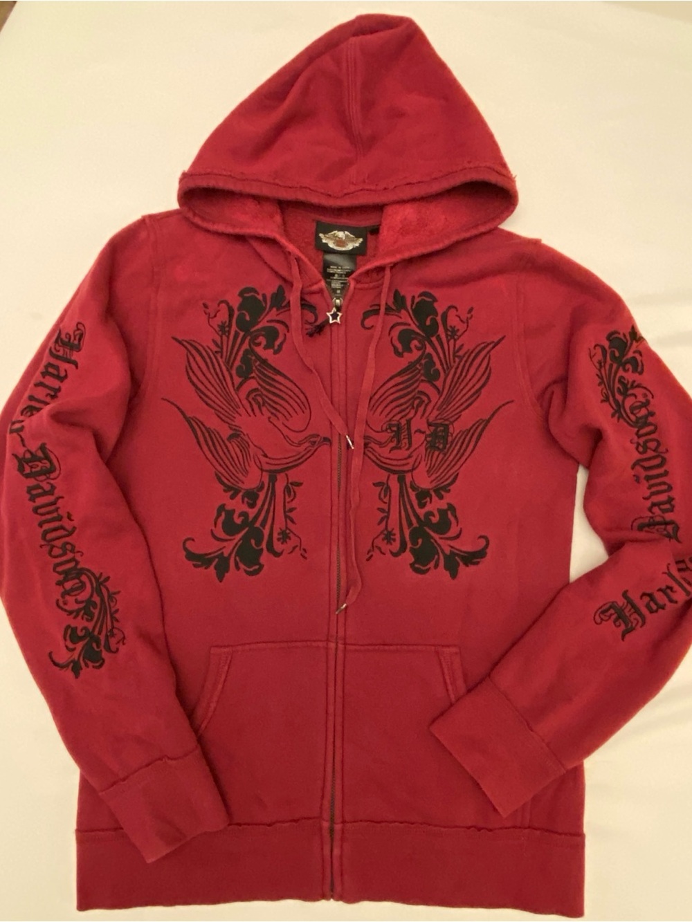 Harley-Davidson dark red Zip-Up Hoodie Jacket with Black ornate Graphic Medium